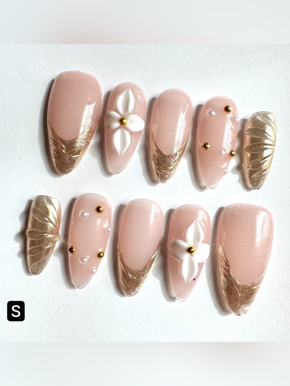 Nude and Gold 3D Floral Press-On Nails
